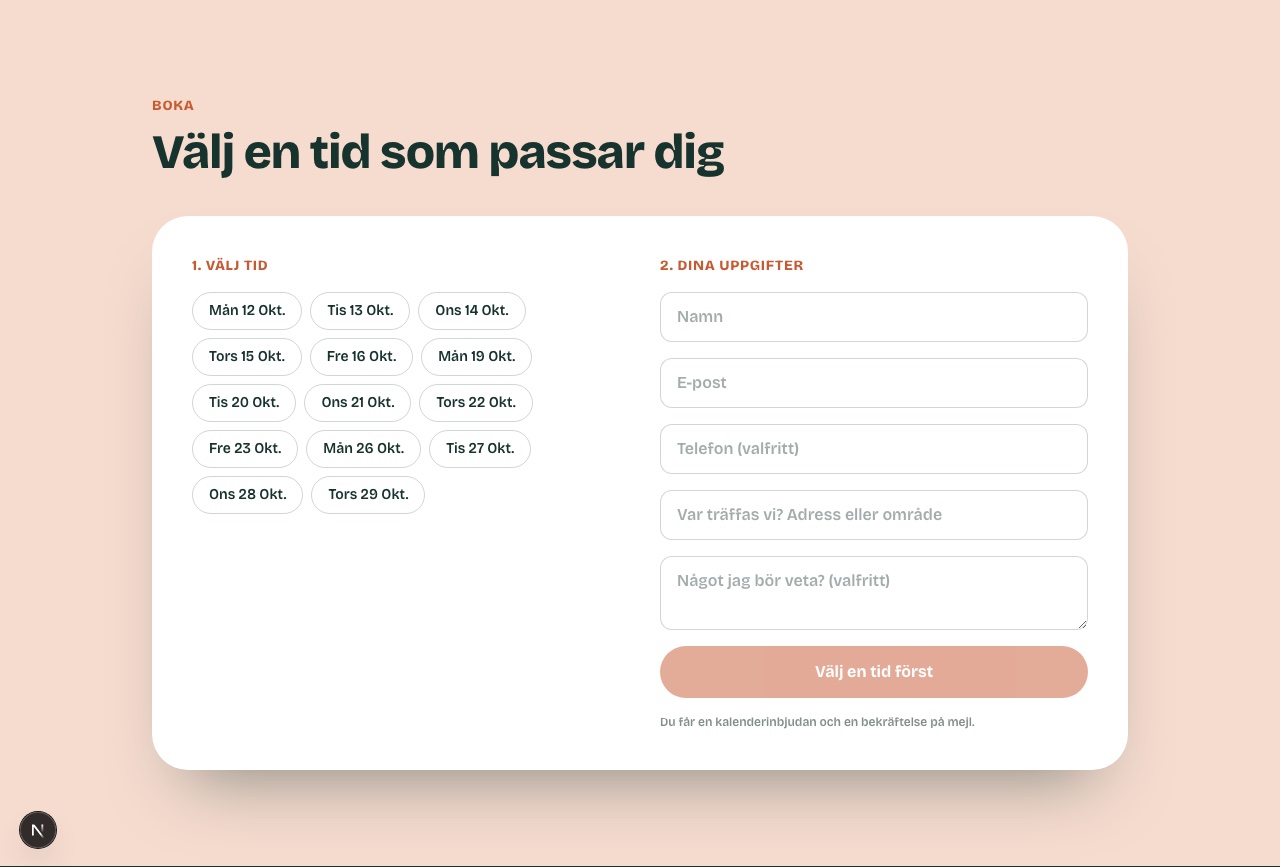 Bokningsformulär med lediga dagar hämtade från en kalender